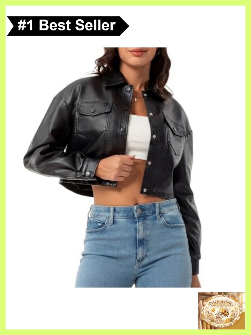 Faux Leather Cropped Moto Biker Jacket Point Collar Button Cuffs